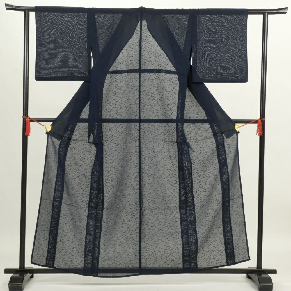 中古）夏紬 濃紺 波 すかし柄 S【身丈】158.5cm【裄丈】62cm