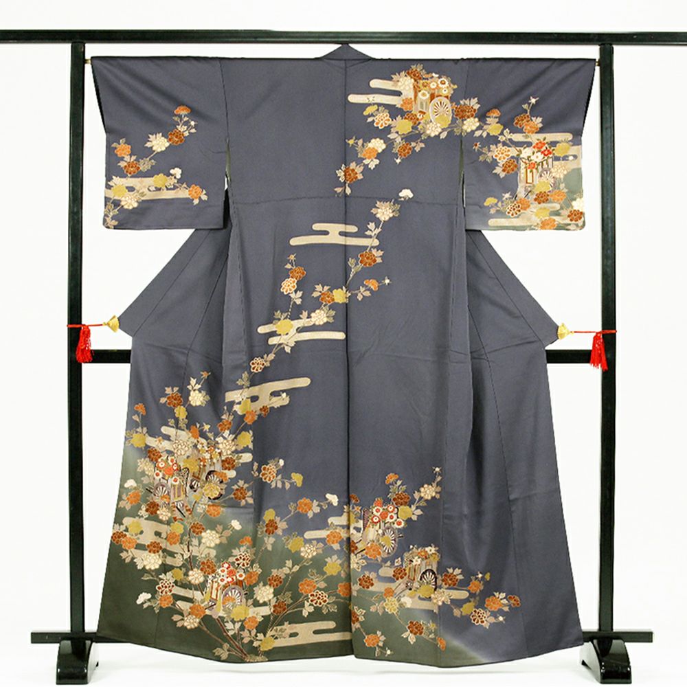 中古）訪問着 グレー フォーマル セミフォーマル 一つ紋 ちりめん 金駒