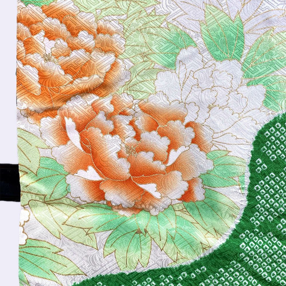 振袖　正絹　絞り　刺繍　成人式　卒業式　 お呼ばれ お稽古　レトロ　リメイク 中古）振袖 緑地 古典 絞り 刺繍 成人式 結婚式 卒業式 レトロ 袷 M