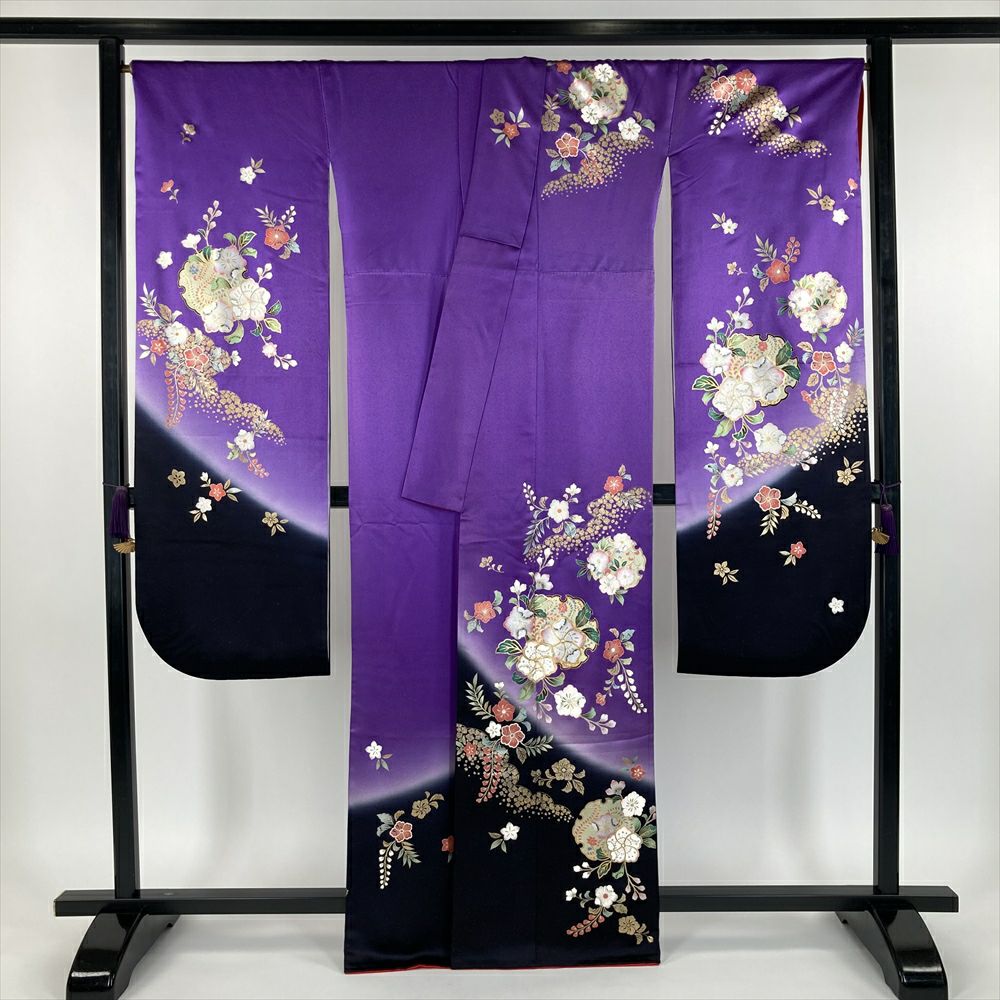 中古）振袖 紫地 金彩 雪輪 花柄 金通し フォーマル 袷 M【身丈】162cm