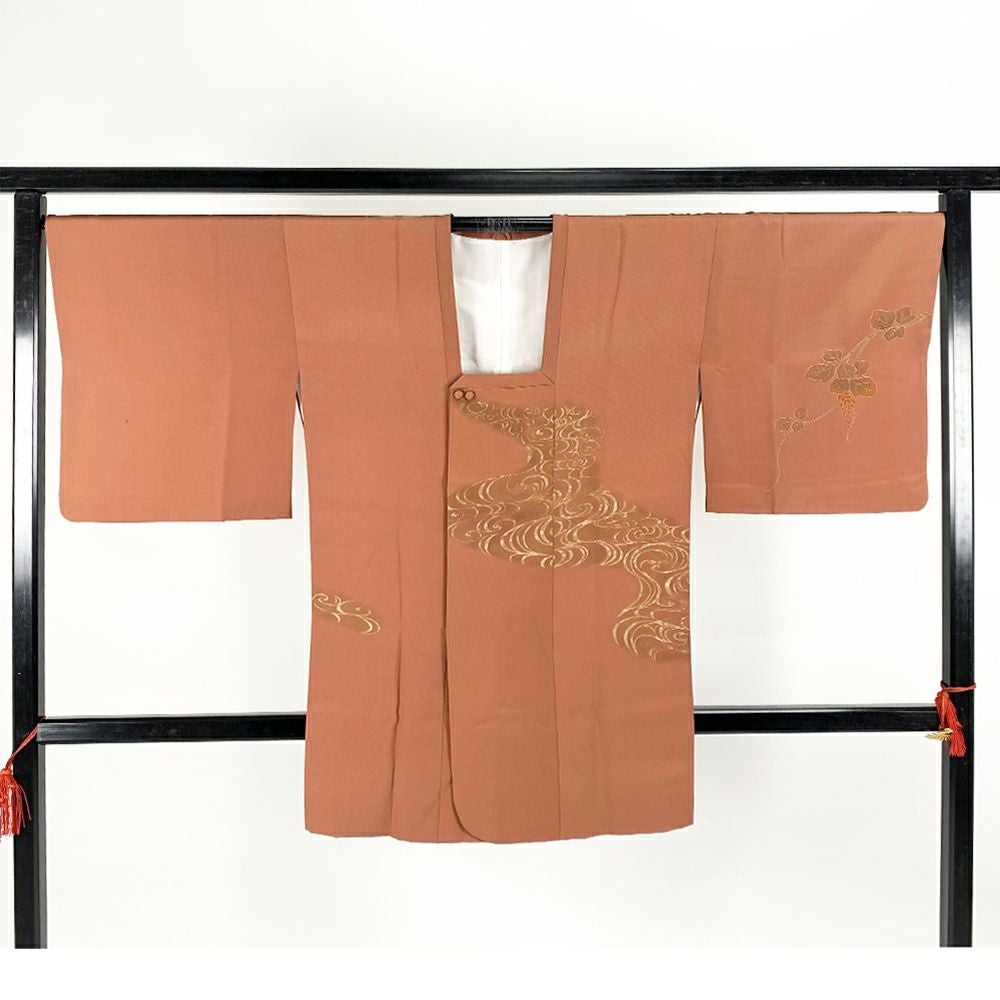 中古）羽織 赤 袷 鹿の子絞り 草花 未洗い【身丈】80cm【裄丈】68.5cm