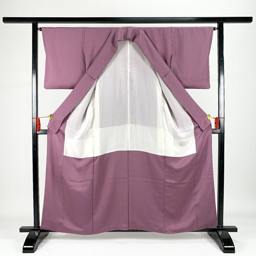 中古）色無地 紫地 地紋織り たたき風 本草木染作家 瑞宝 袷 SS【身丈