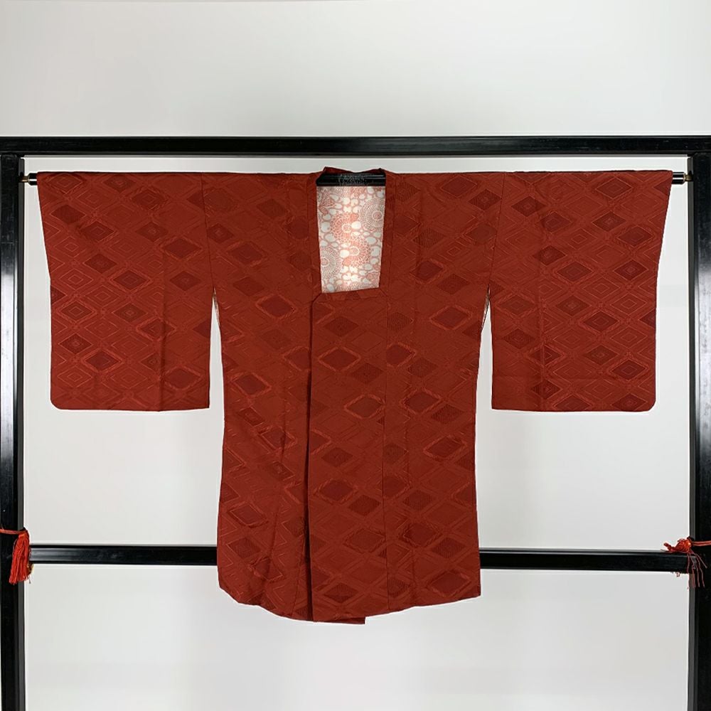 中古）道行コート 赤 袷 花菱 地紋織り 未洗い【身丈】84.5cm【裄丈