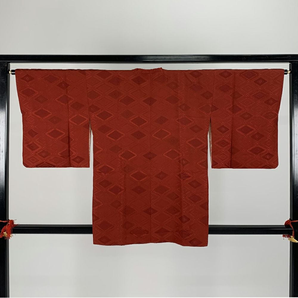 中古)道行コート 赤 袷 花菱 地紋織り 未洗い【身丈】84.5cm 中古)道行コート 赤 袷 花菱 地紋織り 未洗い【身丈】84.5cm