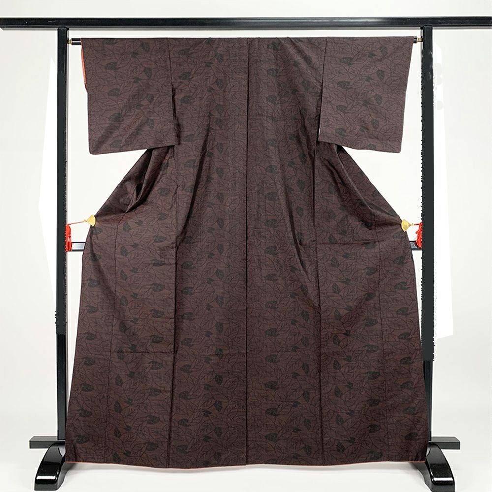 450giee 大島紬袷着物 絣 短冊 黒＆こげ茶色 中古Ａ【ことこと屋】