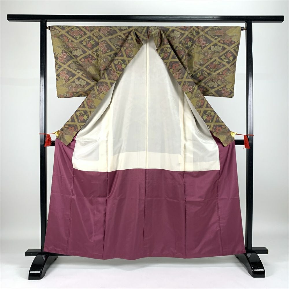 中古）大島紬 カジュアル 緑 袷 菱模様 四季花 草花【身丈】159.5cm