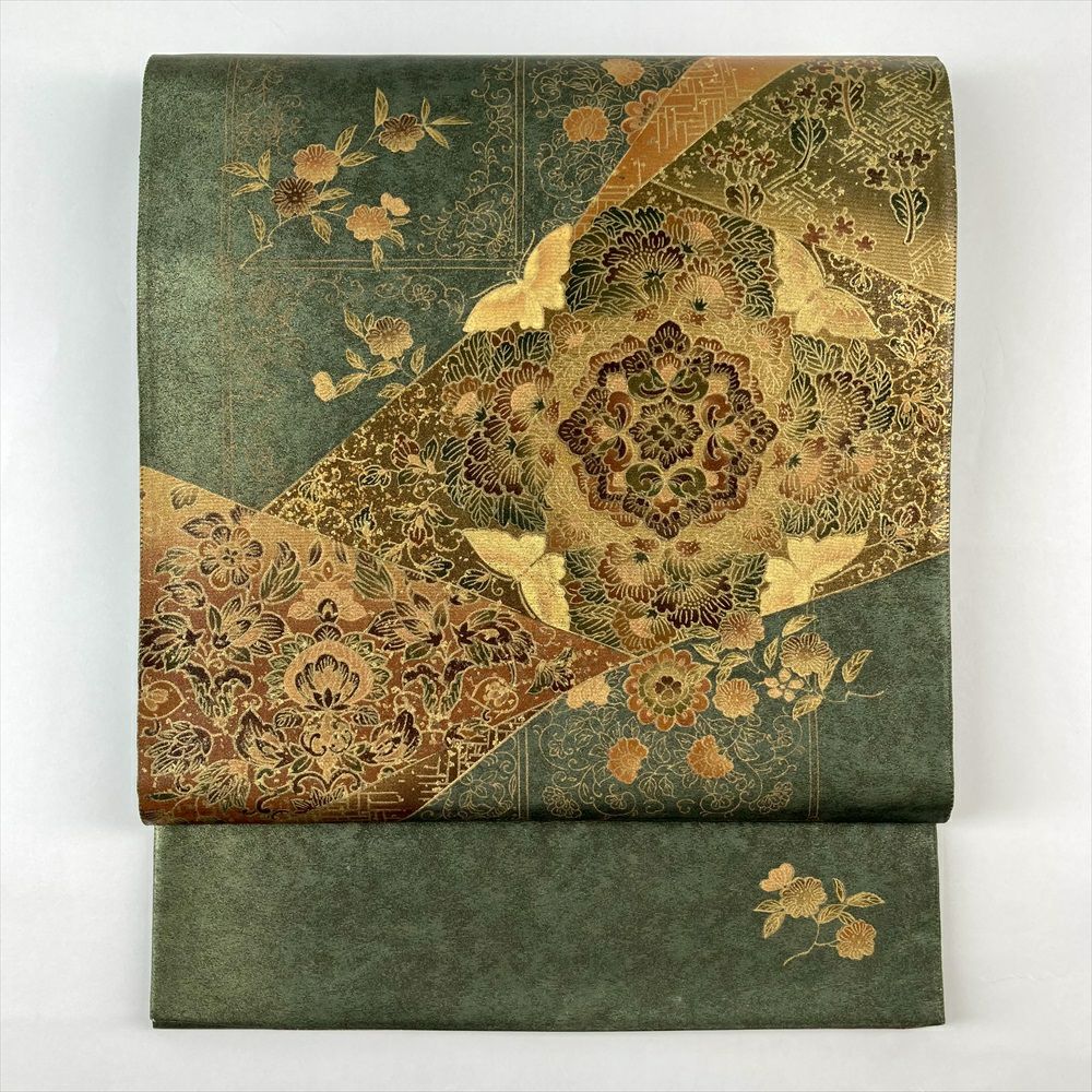 中古）袋帯 緑 フォーマル 六通 金糸 華文 蝶 牡丹唐草 唐花