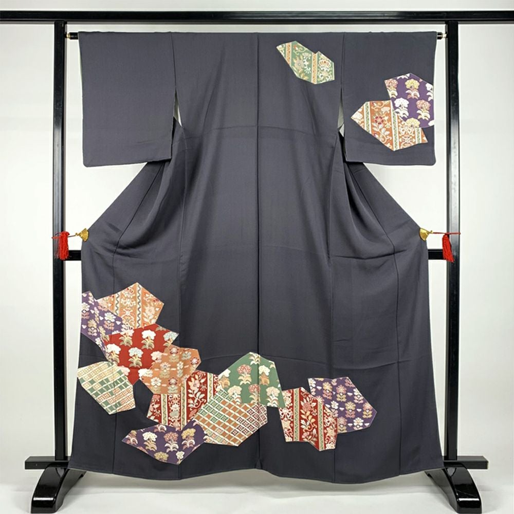 中古）訪問着 グレー フォーマル セミフォーマル 一つ紋 ちりめん 金駒