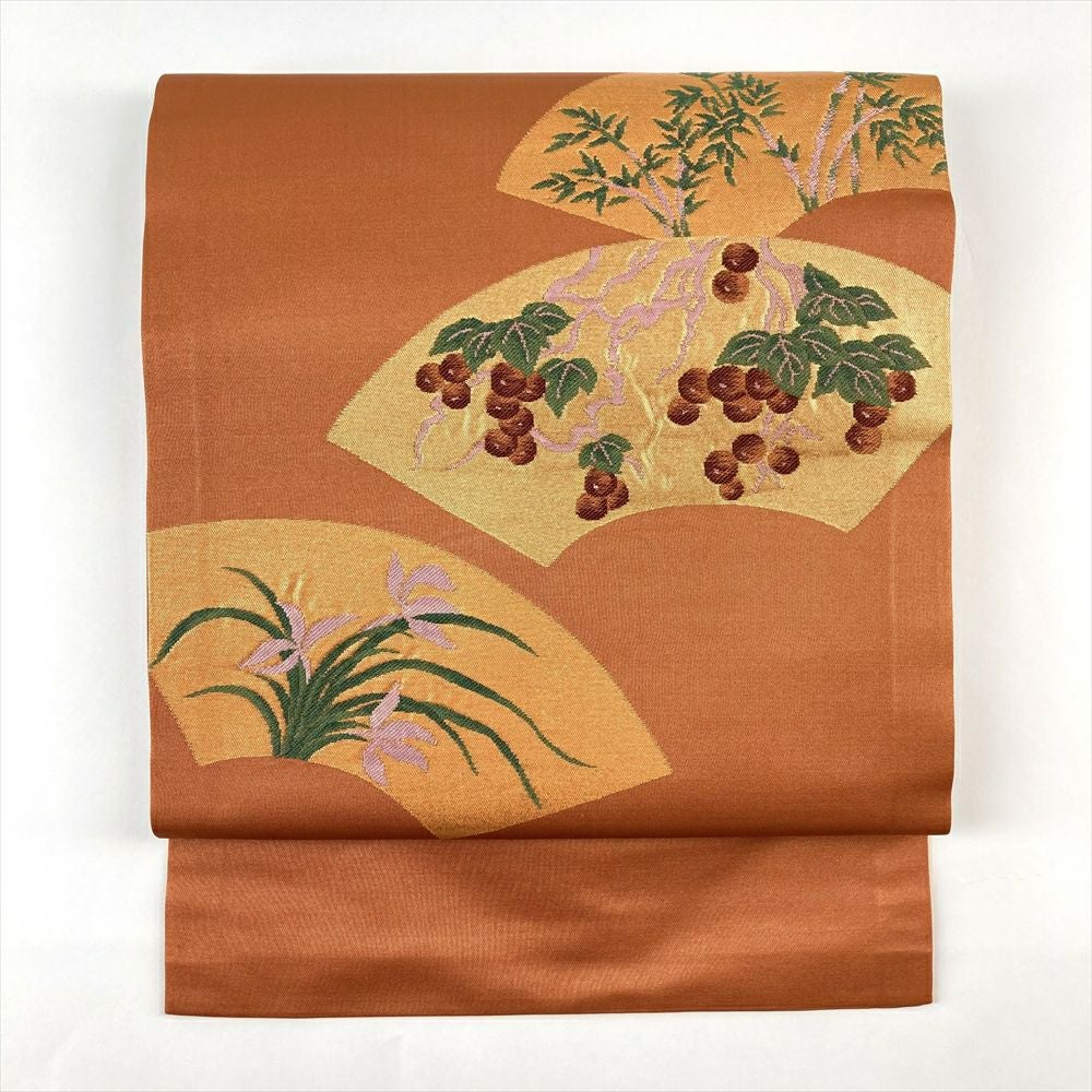 中古）九寸名古屋帯 オレンジ カジュアル 金糸 扇面