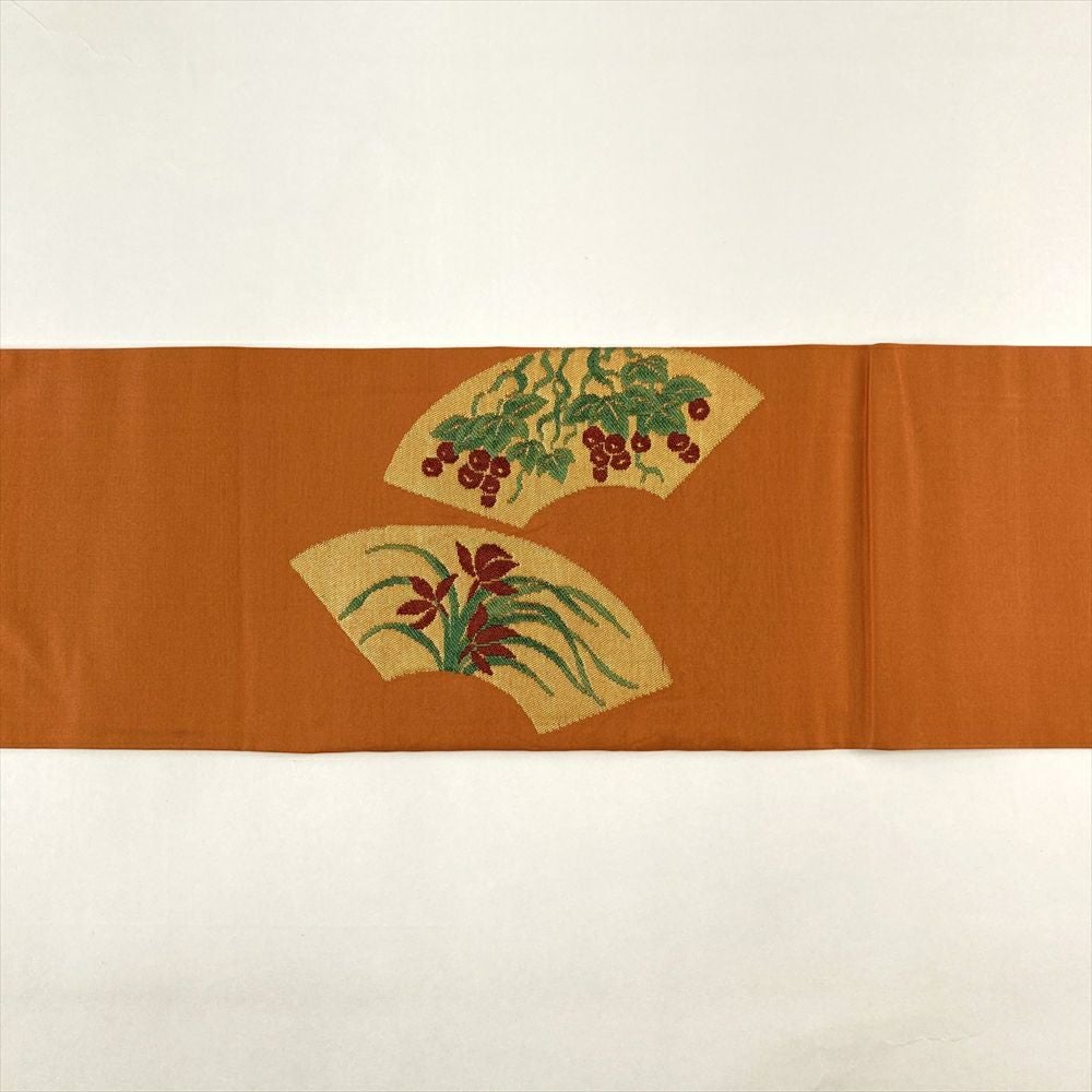 中古）九寸名古屋帯 オレンジ カジュアル 金糸 扇面