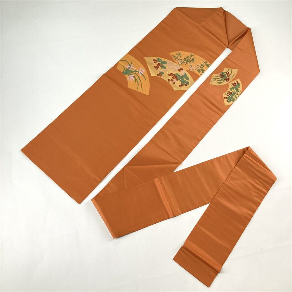 中古）九寸名古屋帯 オレンジ カジュアル 金糸 扇面