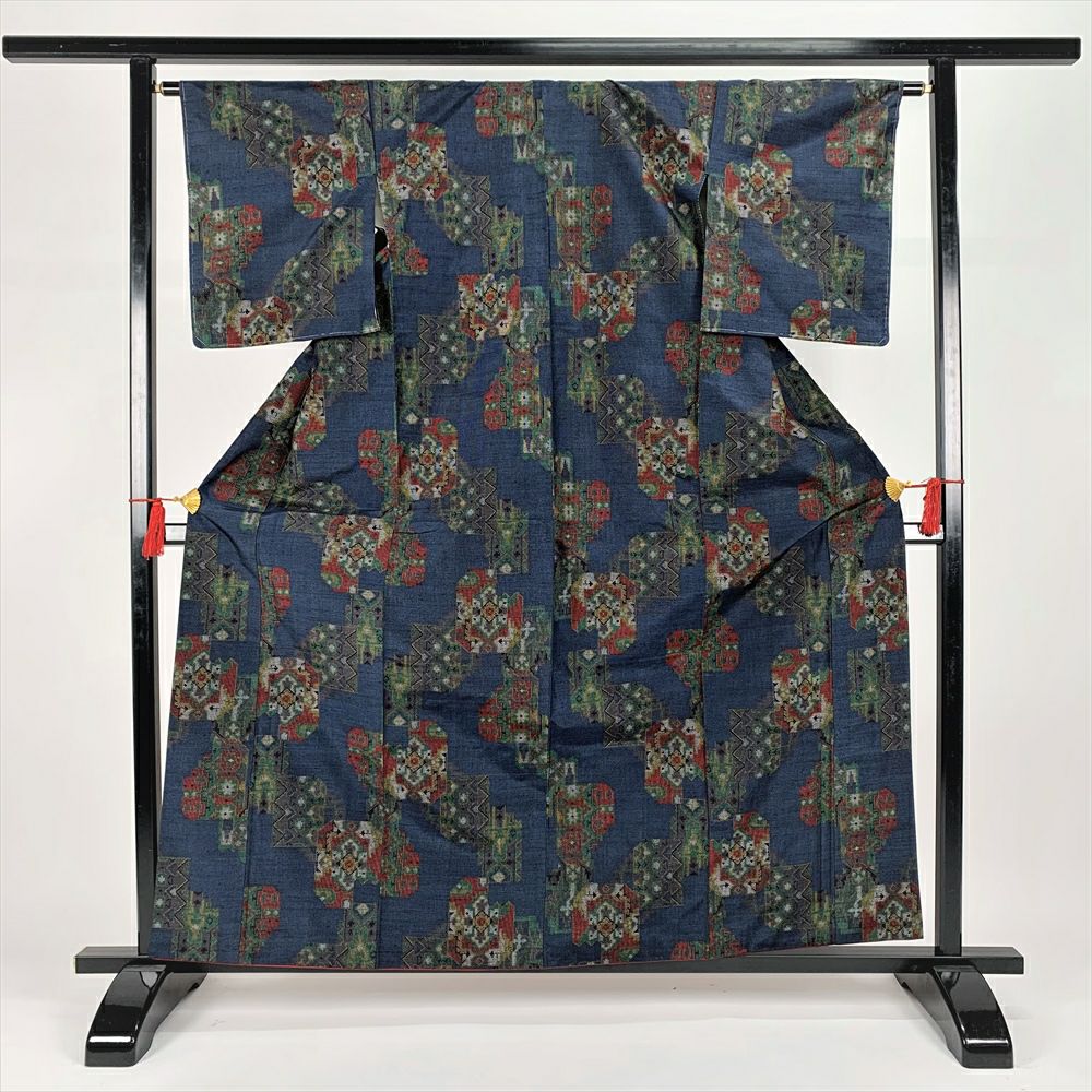 中古）紬 カジュアル 紺 袷 抽象柄 幾何学模様 未洗い S【身丈】158.5