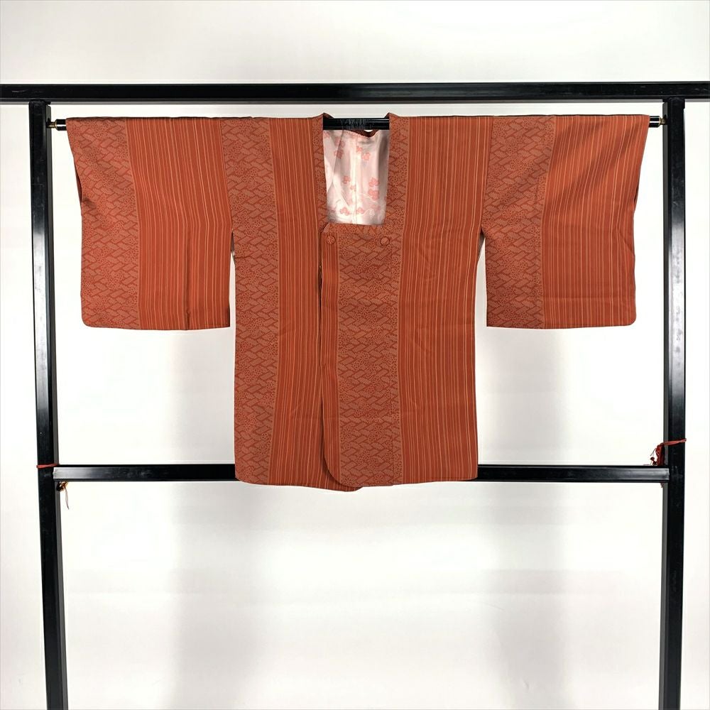 中古）道行コート オレンジ 袷 縦縞 花柄 鹿の子 未洗い【身丈】76cm