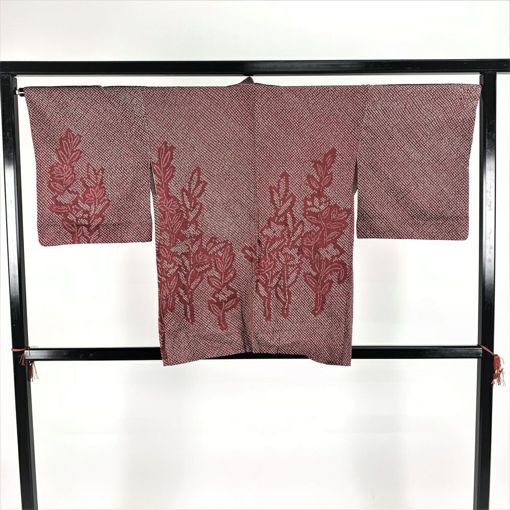 中古）羽織 赤 袷 鹿の子絞り 草花 未洗い【身丈】80cm【裄丈】68.5cm