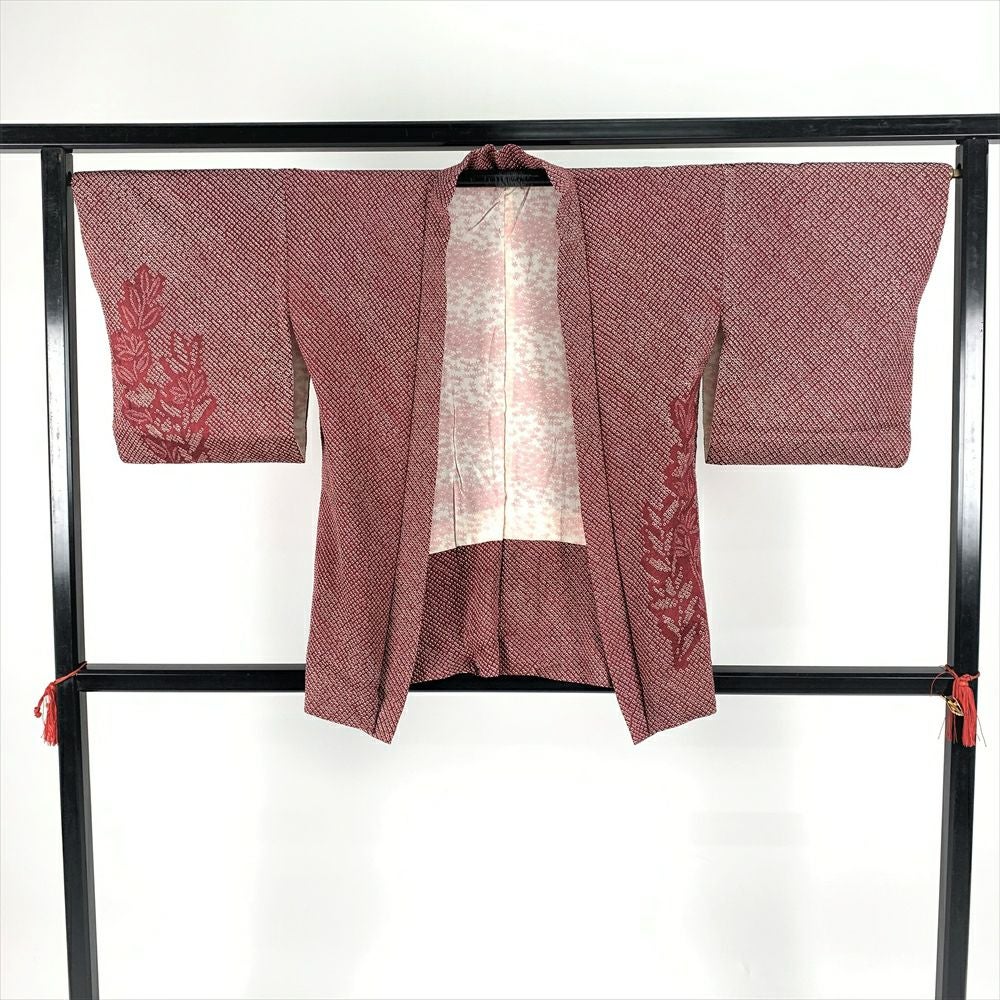 中古）羽織 赤 袷 鹿の子絞り 草花 未洗い【身丈】80cm【裄丈】68.5cm