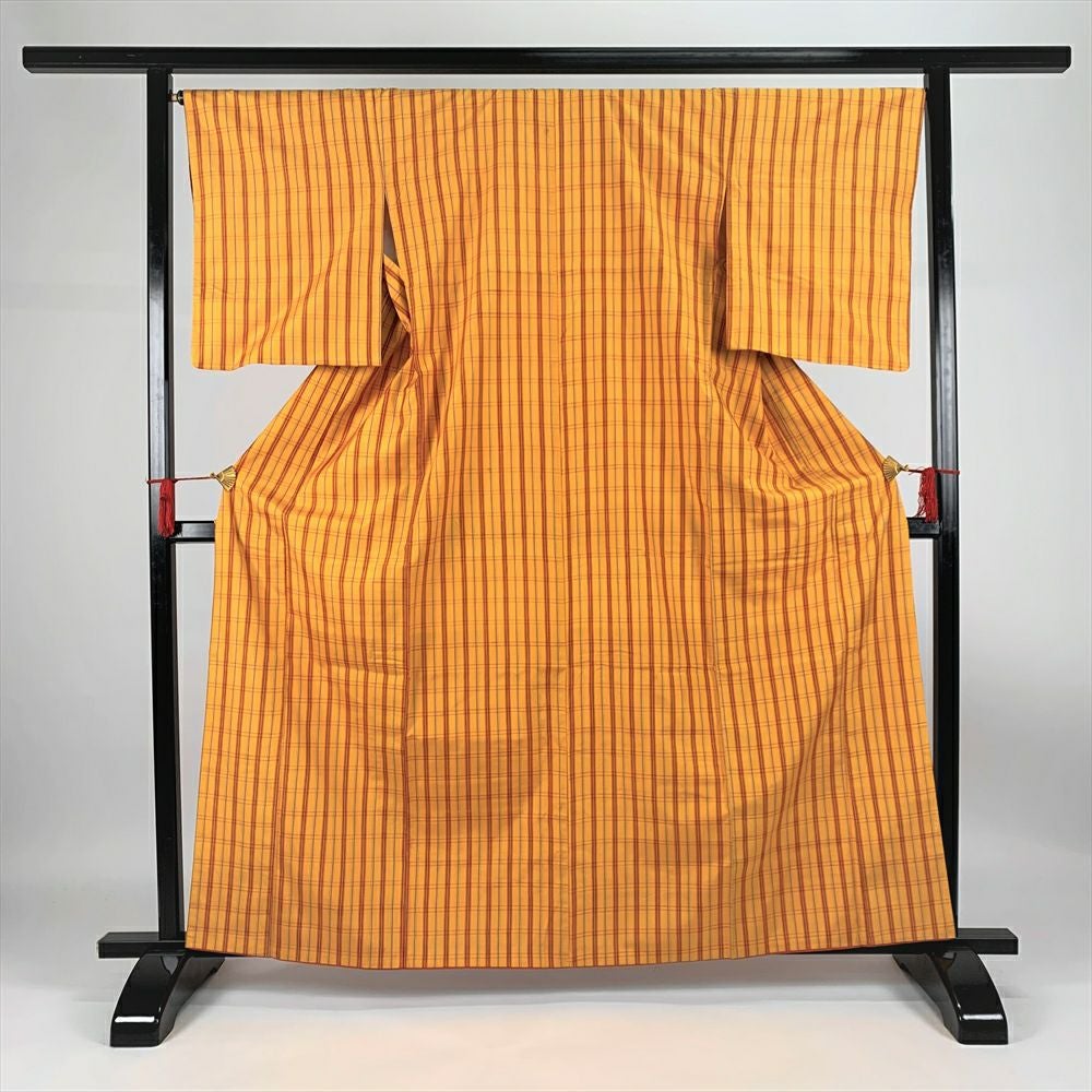 中古）紬 カジュアル 黄色 格子 チェック 袷 未洗い S【身丈】158.5cm