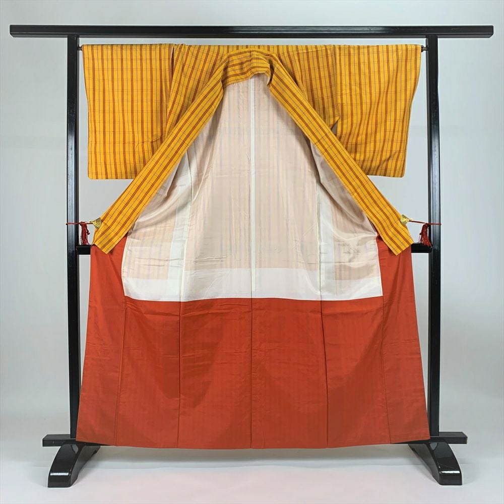 中古）紬 カジュアル 黄色 格子 チェック 袷 未洗い S【身丈】158.5cm