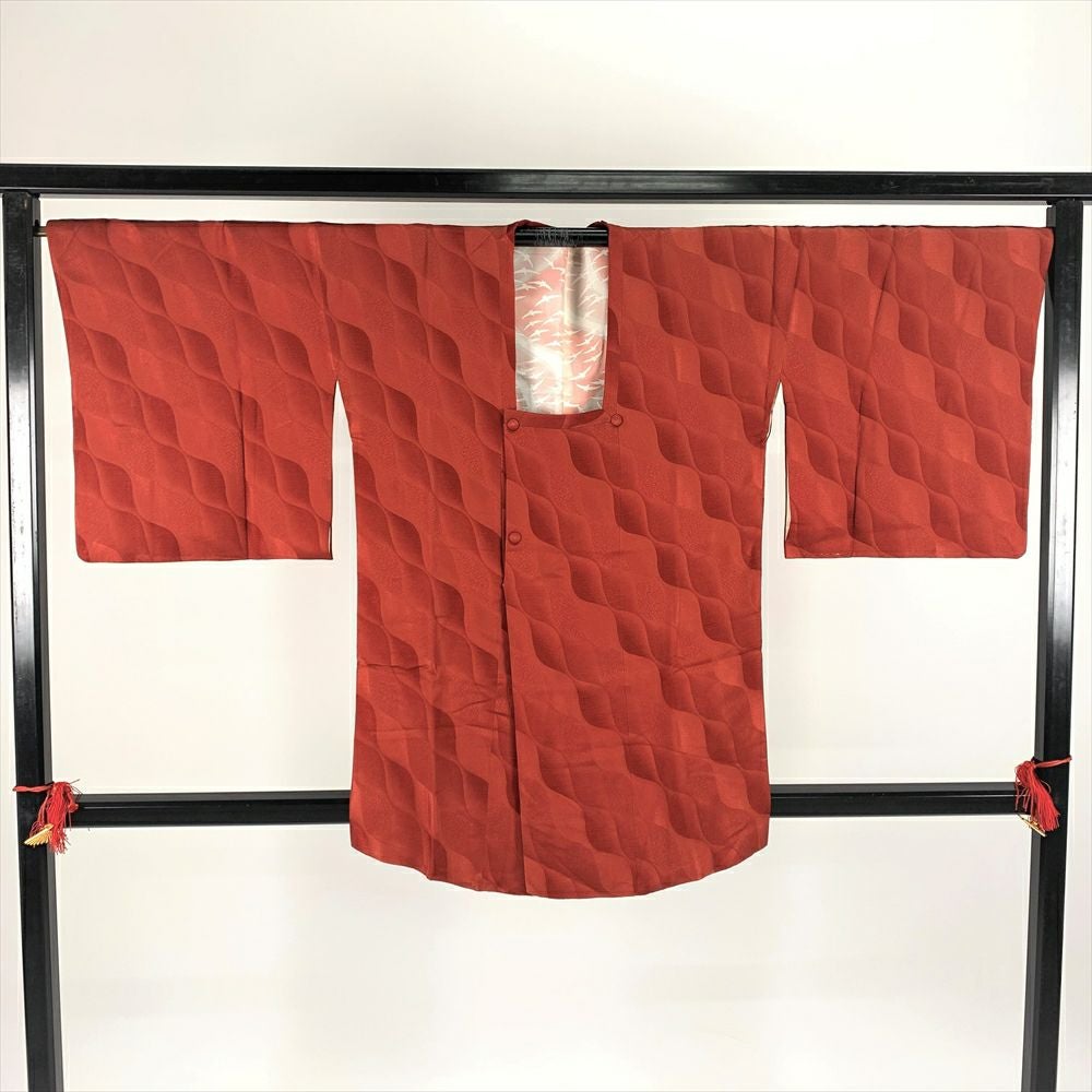 中古)道行コート 赤 袷 幾何学模様 未洗い【身丈】84.5cm【裄丈 中古)道行コート 赤 袷 幾何学模様 未洗い【身丈】84.5cm【裄丈