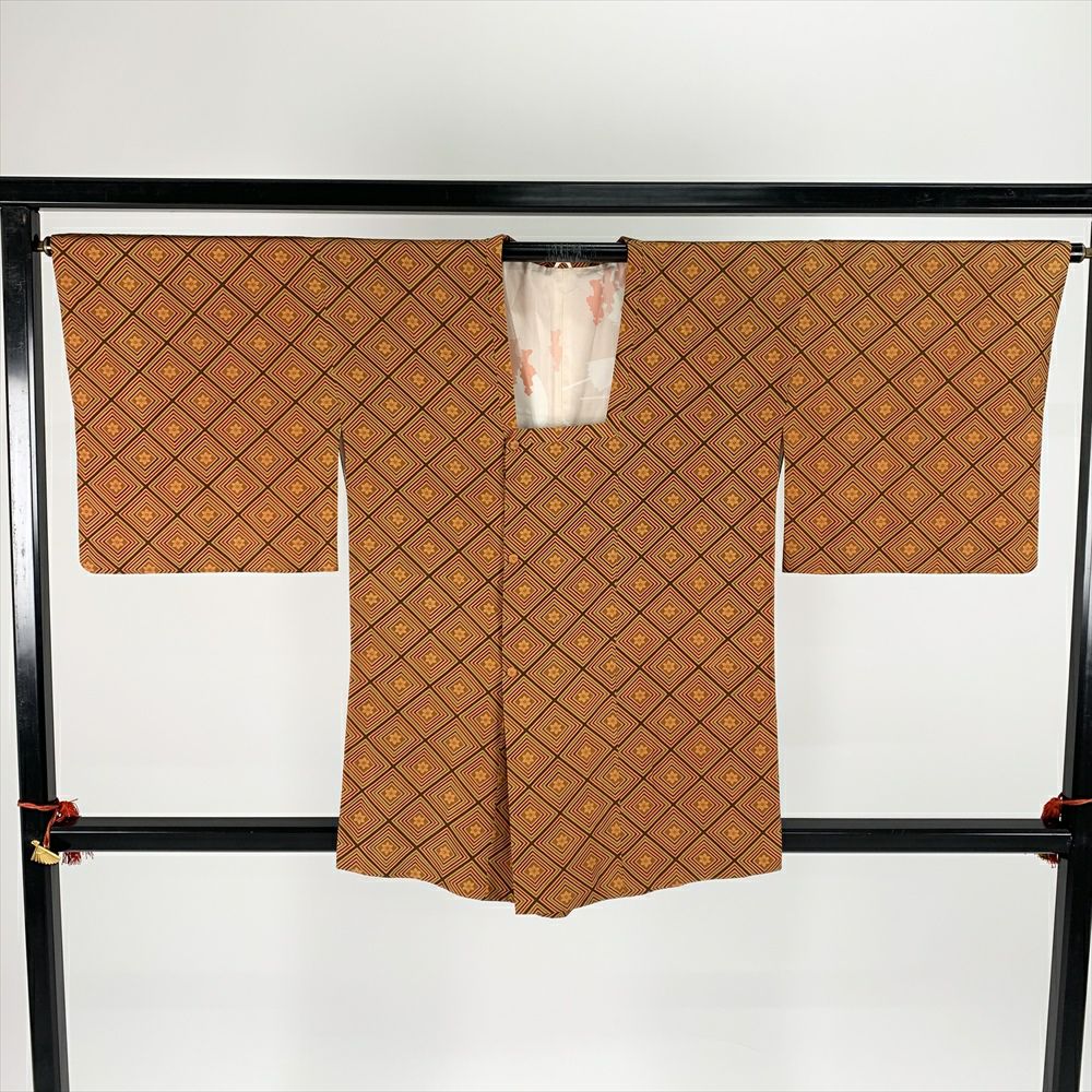 中古)道行コート オレンジ 袷 縦縞 花柄 鹿の子 未洗い【身丈 中古)道行コート オレンジ 袷 縦縞 花柄 鹿の子 未洗い【身丈