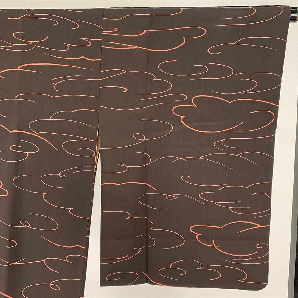 中古）道行コート 茶 総柄 雲 袷 未洗い【身丈】85.5cm【裄丈】65.5cm