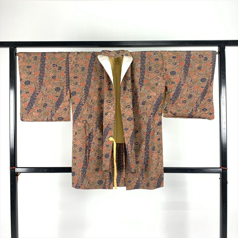 中古）羽織 赤 袷 鹿の子絞り 草花 未洗い【身丈】80cm【裄丈】68.5cm