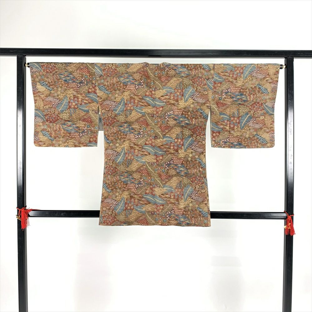 中古）道行コート 茶 袷 切りばめ 季節花 古典柄 未洗い【身丈】83.5cm