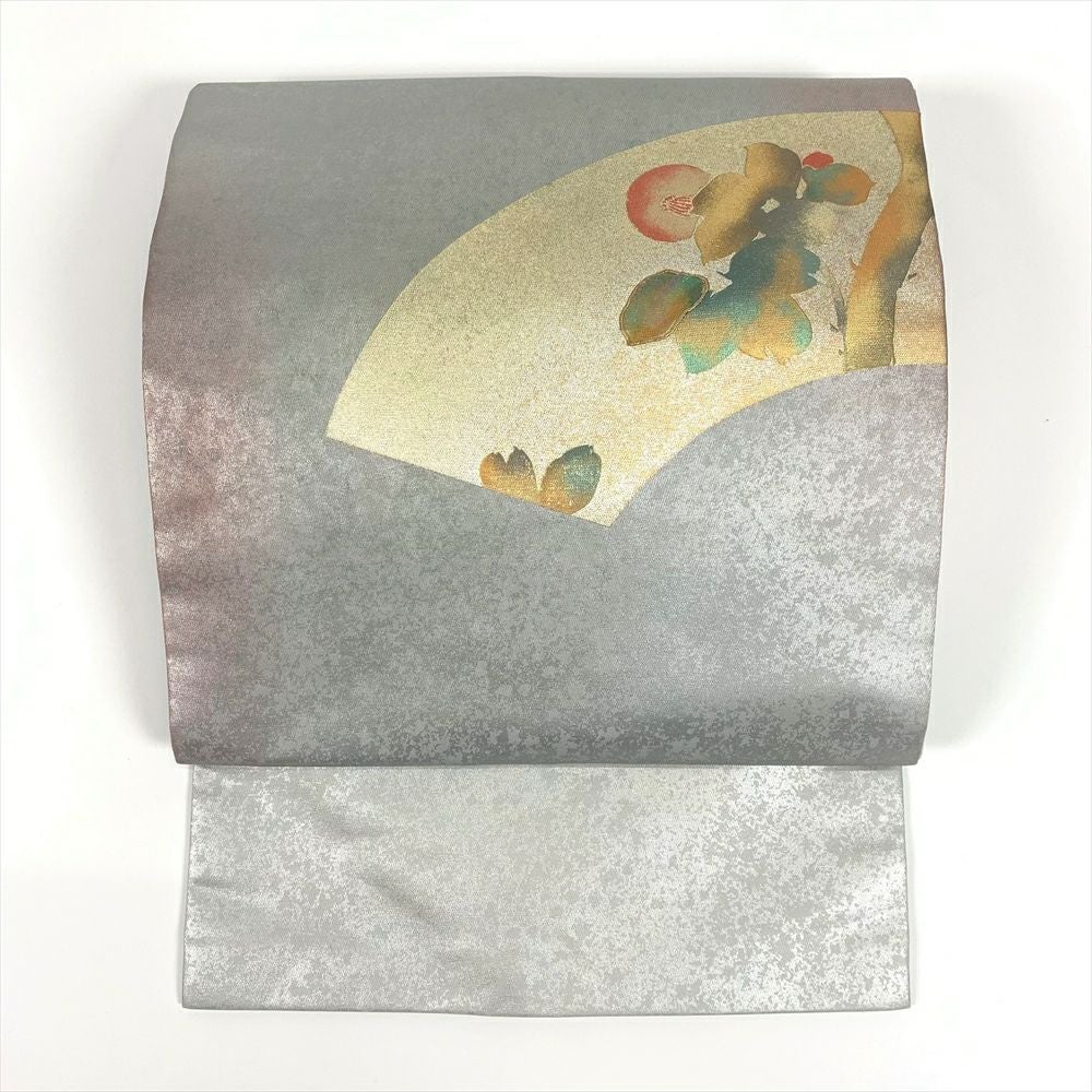 中古）九寸名古屋帯 カジュアル 緑 金糸 名古屋仕立て 雲取り 四季花