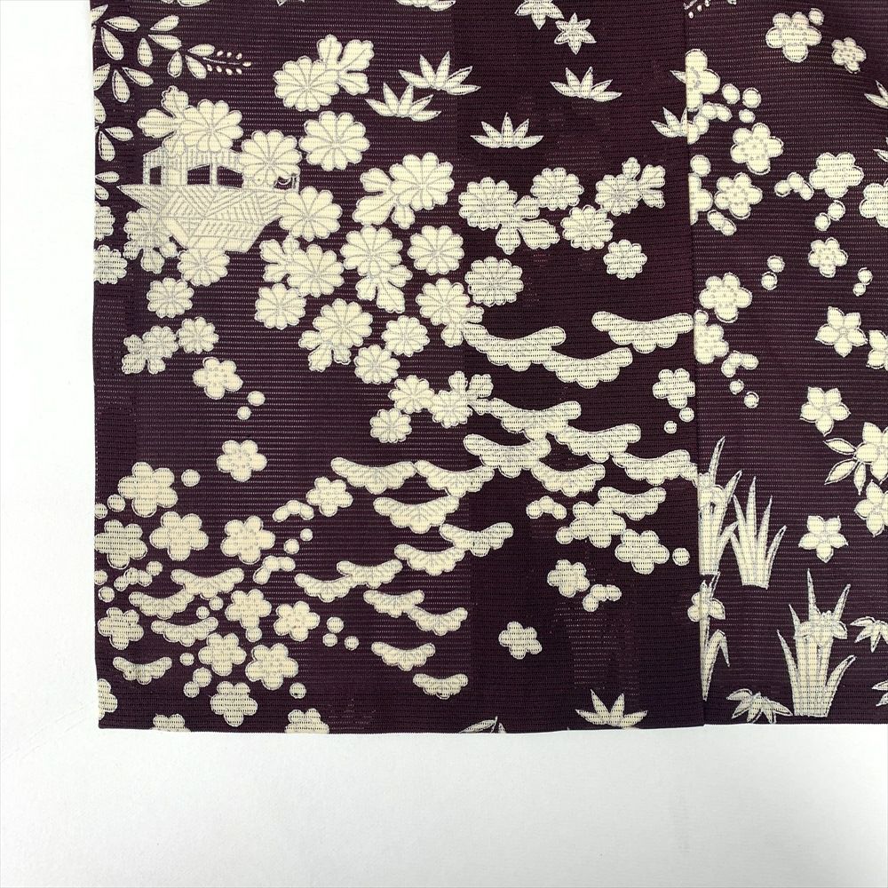中古）夏小紋 カジュアル 紫 四季花 民家 古典柄 SS【身丈】147.5cm