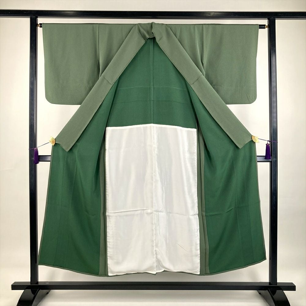 中古）単衣江戸小紋 緑 カジュアル 万筋 ひとえ SS【身丈】146.5cm【裄