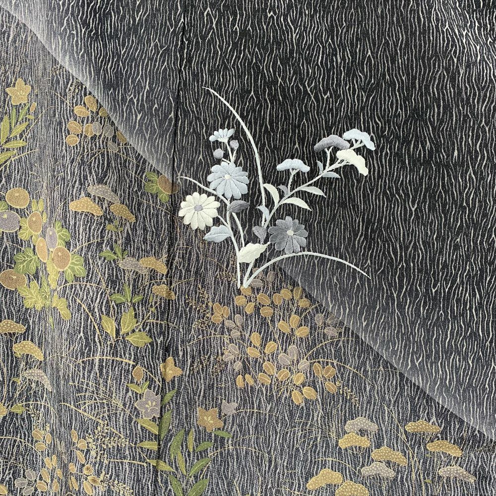 中古）訪問着 フォーマル 黒 袷 よろけ縞 古典柄 草花 S【身丈】156.5