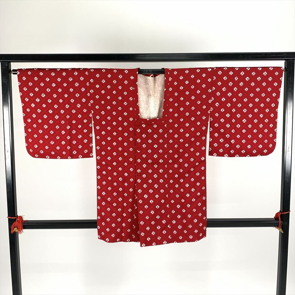 中古）道行コート 赤 袷 総柄 菱模様【身丈】83.5cm【裄丈】68.5cm