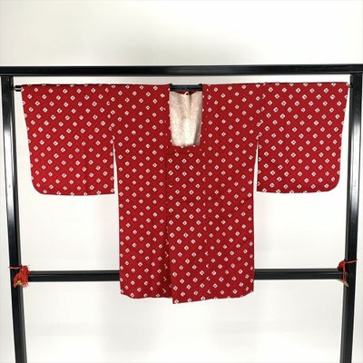 中古）道行コート 赤 袷 総柄 菱模様【身丈】83.5cm【裄丈】68.5cm