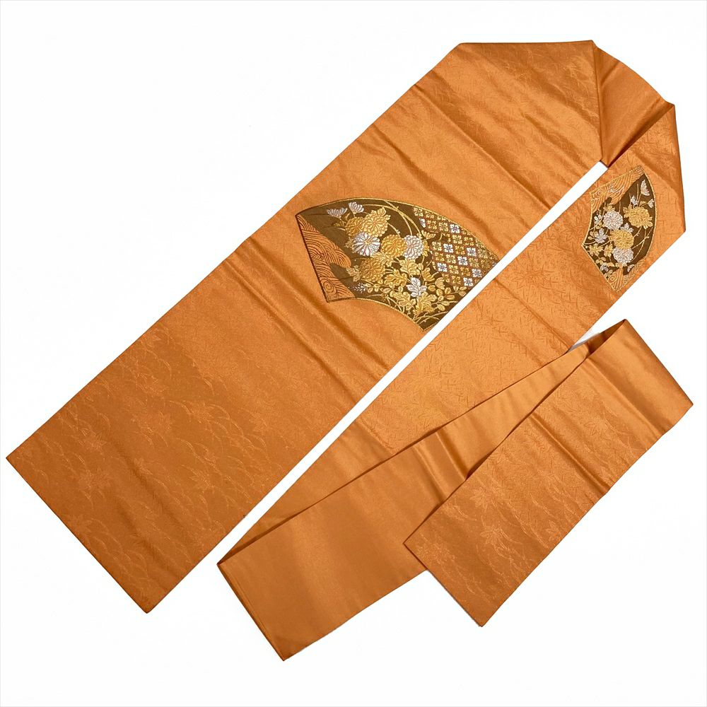 中古）九寸名古屋帯 オレンジ地 名古屋仕立て 金銀糸 扇面 菊