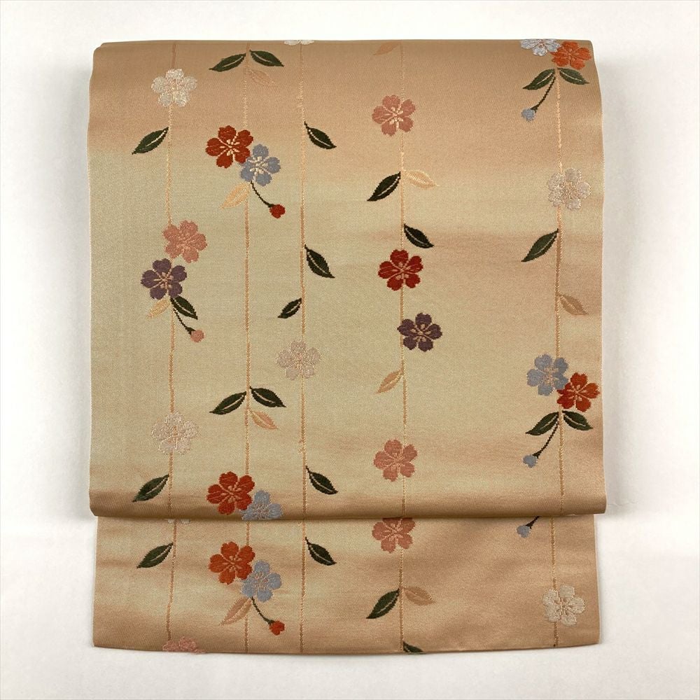 中古）九寸名古屋帯 オレンジ地 名古屋立て 金糸 花丸 蝶