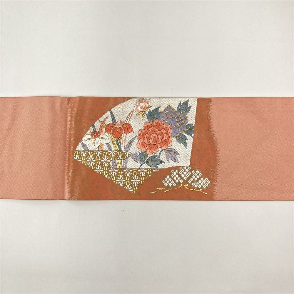 名古屋帯 アンティーク帯 昔名古屋帯 昔帯 オレンジ 赤 紫 黄 ピンク 白 絞り 唐草 椿 刺繍 レトロファッション 演劇衣装 汚れあり 長さ330.5cm 【キモノオフ野々市若松店】 名古屋帯｜KIMONO・OFF キモノオフ【公式】きもの通販サイト - KIMONO