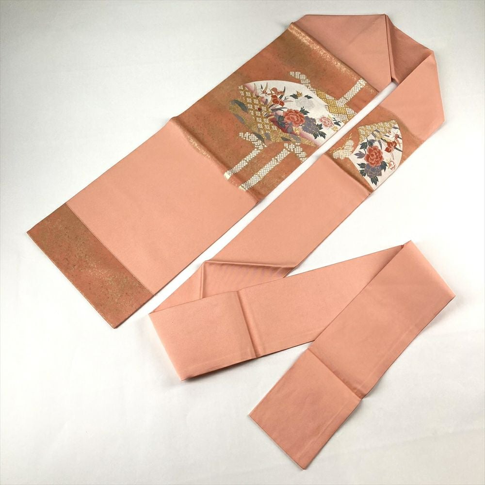 中古）九寸名古屋帯 オレンジ 金糸 松 竹 牡丹 菖蒲【総丈】338cm