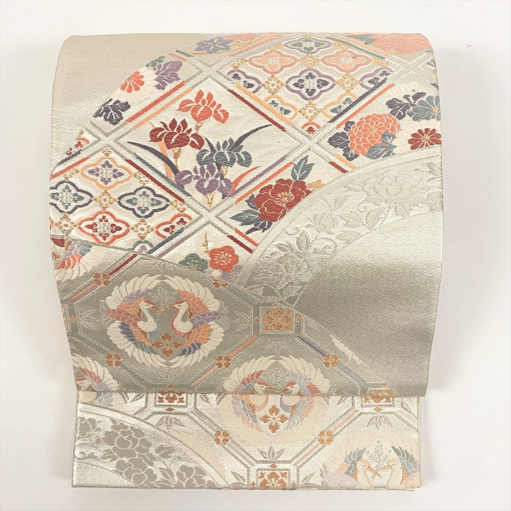 中古）袋帯 銀地 フォーマル 金糸 鶴 四季花 菱