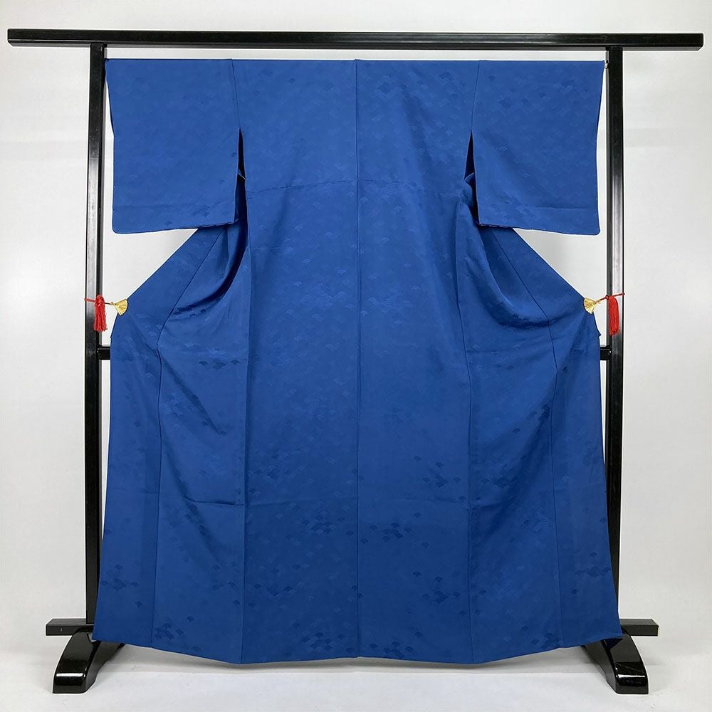 中古）単衣色無地 青 セミフォーマル 地紋織り 青海波 ひとえ M【身丈