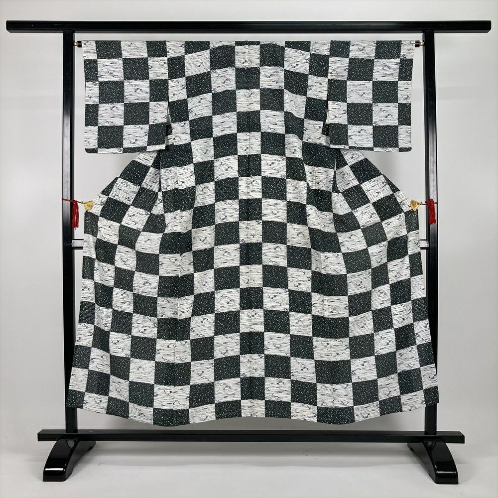 中古）単衣江戸小紋 緑 カジュアル 万筋 ひとえ SS【身丈】146.5cm【裄
