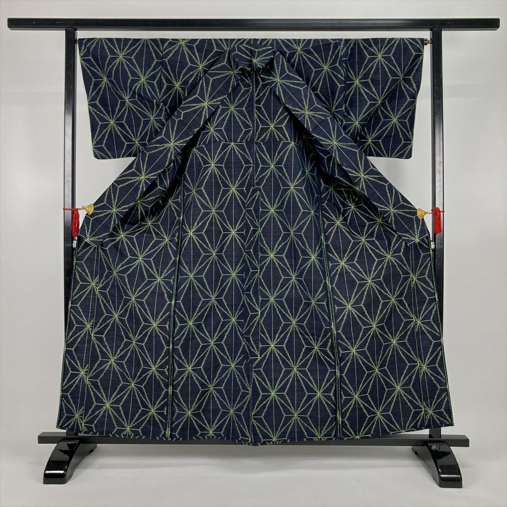 中古）単衣紬 紺 カジュアル 麻の葉 幾何学模様 ひとえ S【身丈】158cm