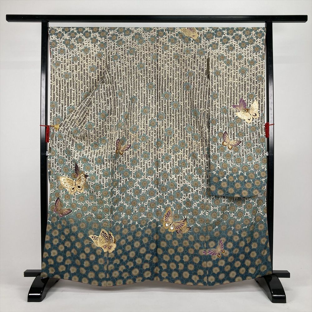 中古）振袖 青 フォーマル 金彩 金駒刺繍 竹 笹 疋田 宝尽くし 袷 M