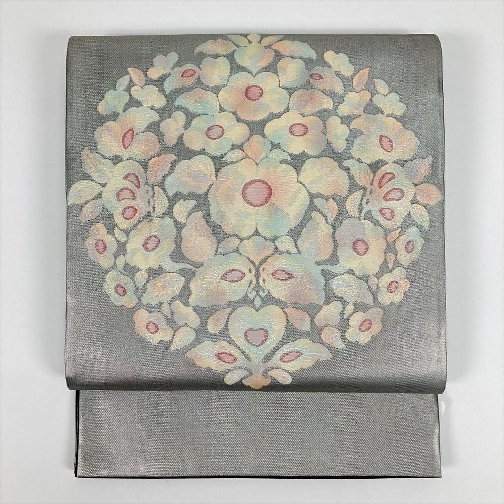 中古）袋帯 金 フォーマル セミフォーマル 六通 切箔 金糸 色糸 花の丸