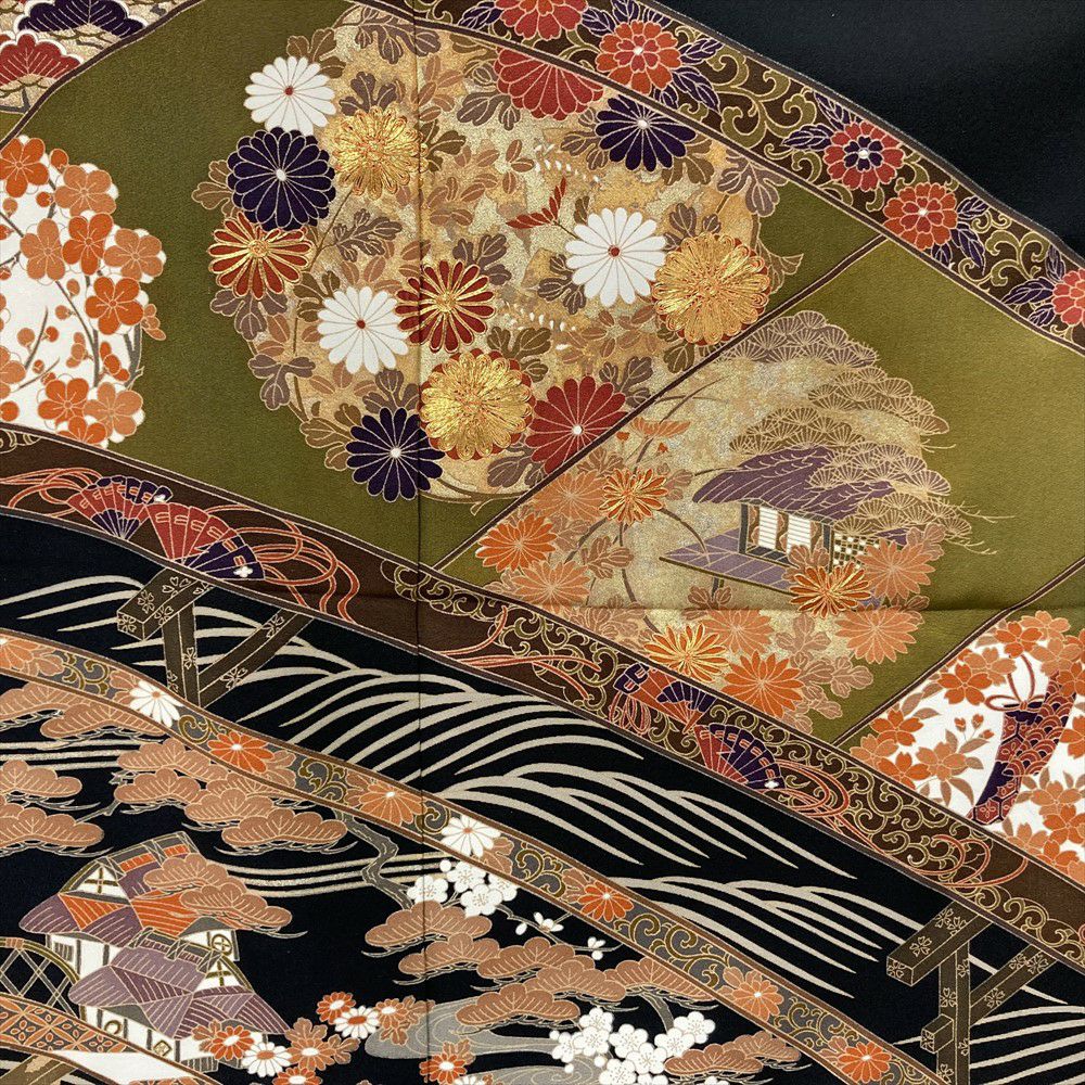 中古）黒留袖 黒 フォーマル 金駒刺繍 金彩 四季花 橋柄 唐草文様 袷 M