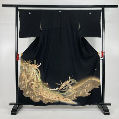 中古）黒留袖 黒 フォーマル 金彩 ラメ 鳳凰 笹柄に四季花 ぼかし 