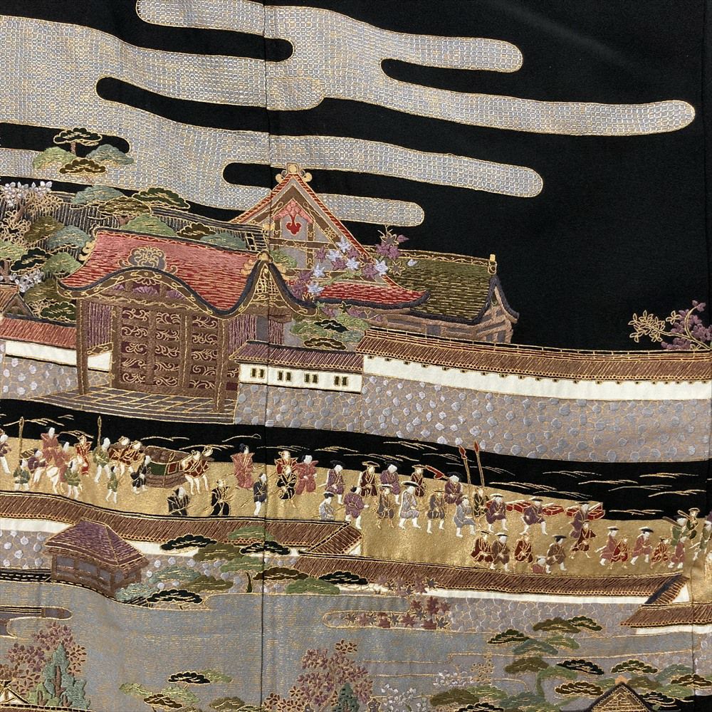 中古）黒留袖 黒 フォーマル 金駒刺繍 金彩 大名行列図 五つ紋 落款 袷