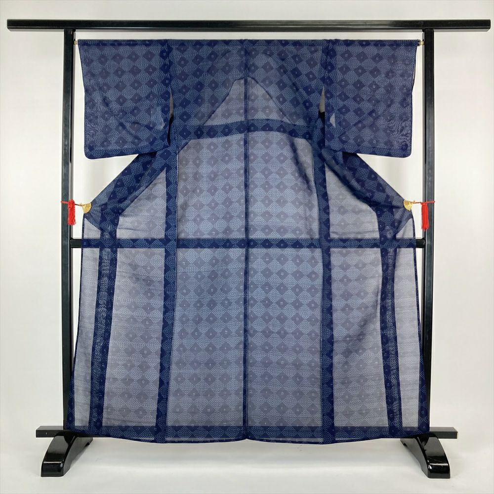中古）夏紬 紺 カジュアル 絣柄【身丈】159.5cm【裄丈】68cm