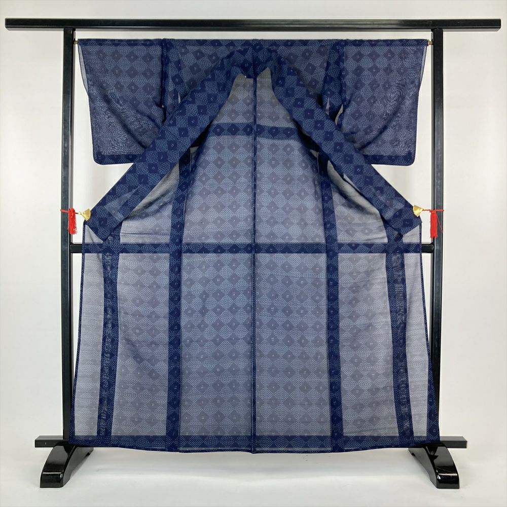 中古）夏紬 紺 カジュアル 絣柄【身丈】159.5cm【裄丈】68cm