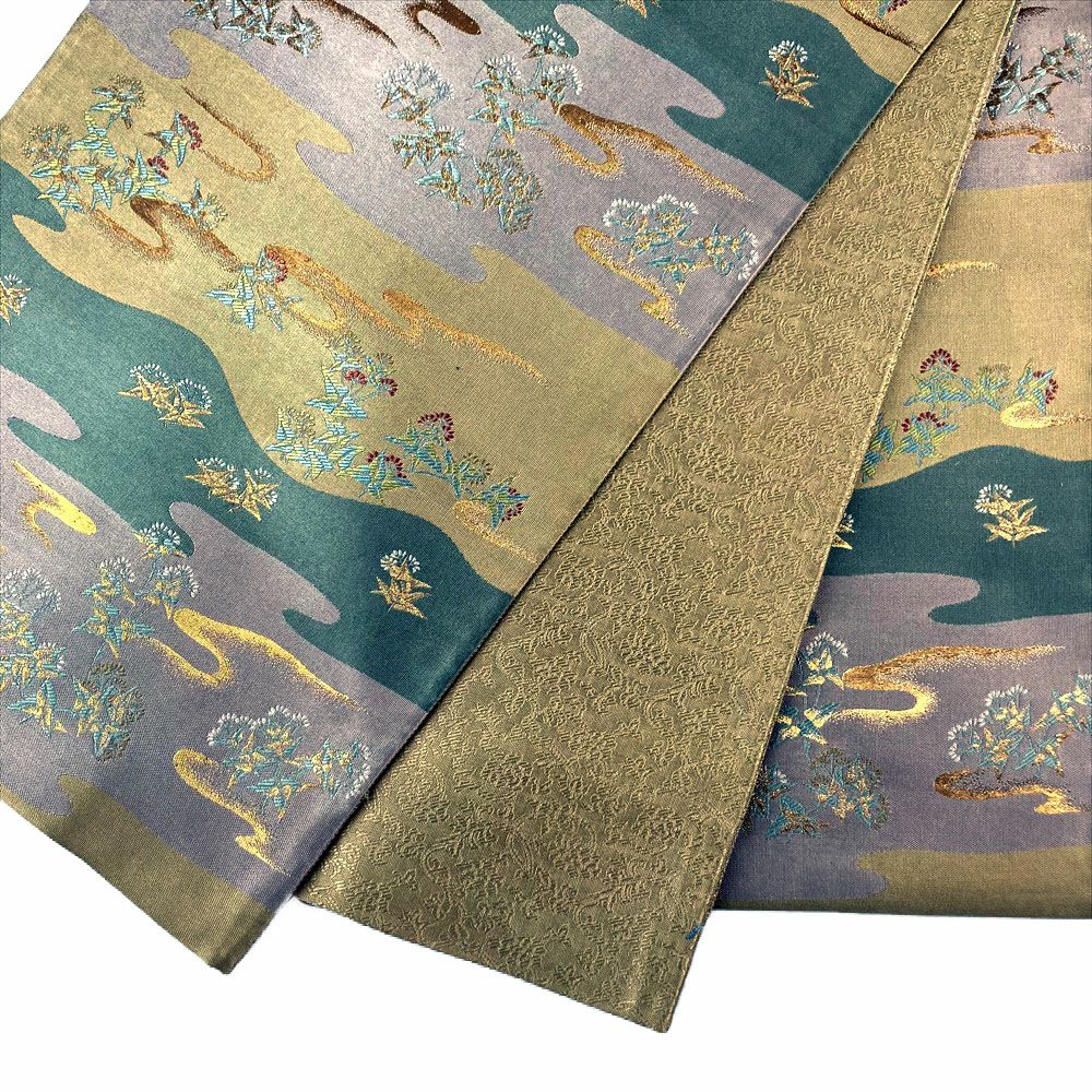 中古）袋帯 ベージュ フォーマル セミフォーマル 六通柄 金糸 草花 霞