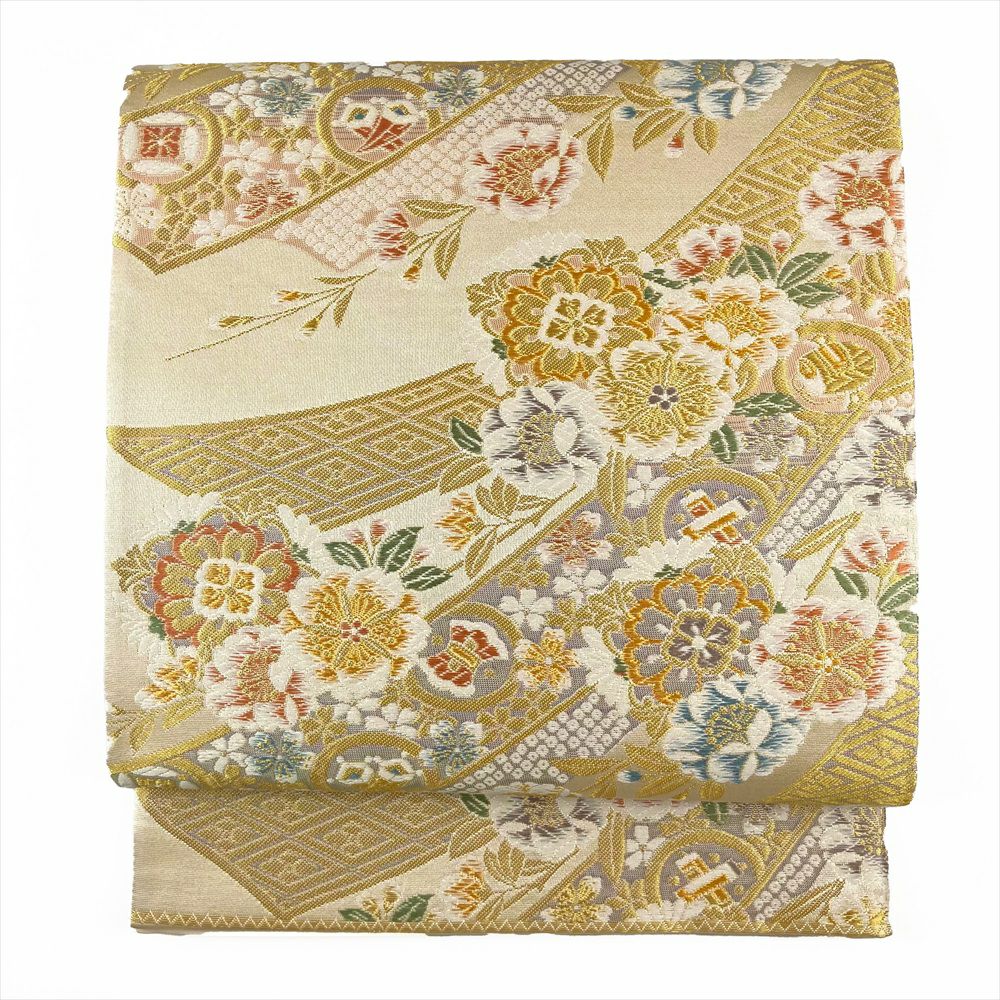 中古）袋帯 金 フォーマル 六通柄 金糸 雪輪 御所車 花車 蝶 四季の草花