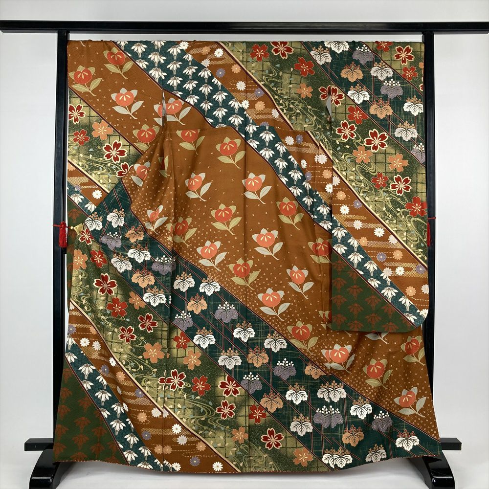 中古）振袖 オレンジ フォーマル 金駒刺繍 地紋織り ぼかし染め 牡丹